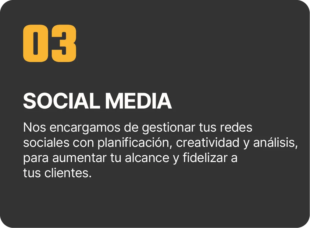 03 Social Media: gestionamos tus redes sociales con planificación, creatividad y análisis, para aumentar tu alcance y fidelizar a tus clientes.